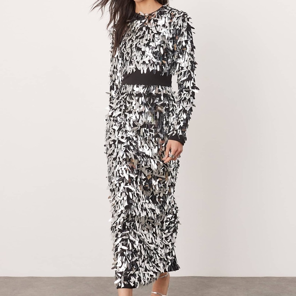 NWT ASOS edition embellished shard sequin maxi dress silver contour NYE party 0